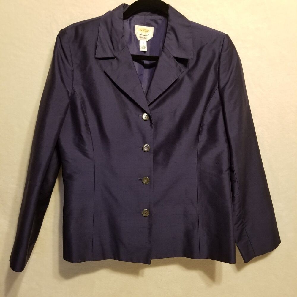 Talbots Petites 10P Silk Blazer Navy Blue Lined Career Nautical Preppy Vintage